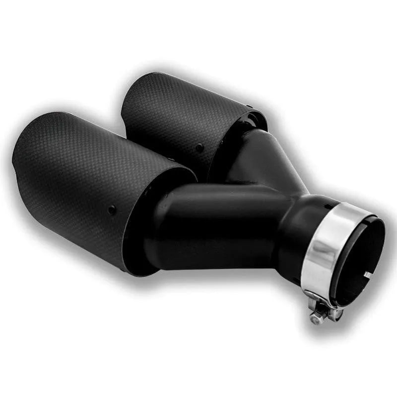Black carbon fibre double outlet car exhaust silencer tail nozzle measuring 250mm in length