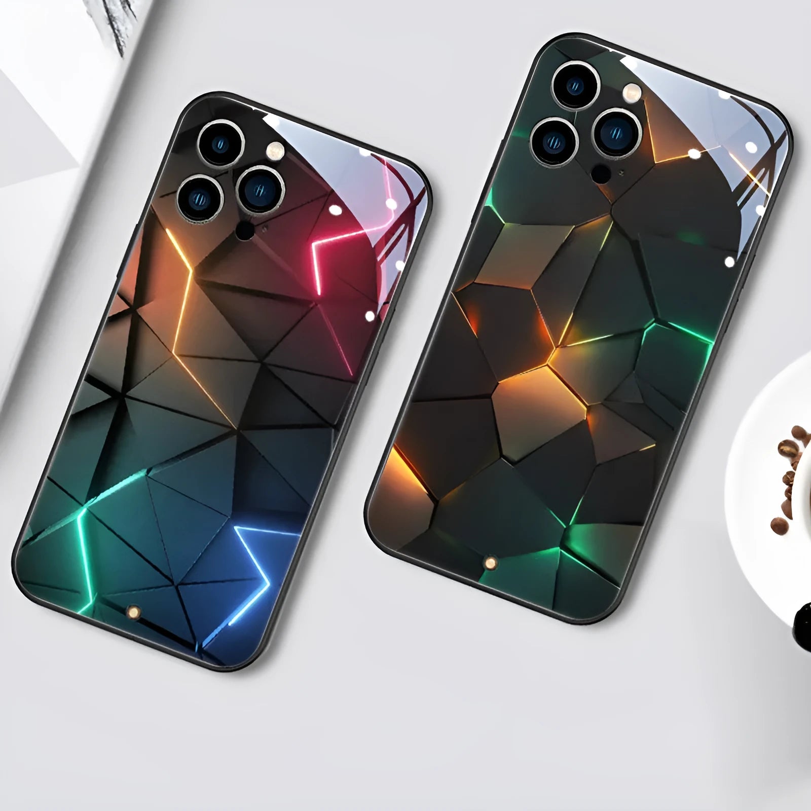 Xpress 14 tempered glass phone case with incoming light feature for iPhone models showing Lightning Rhombus design