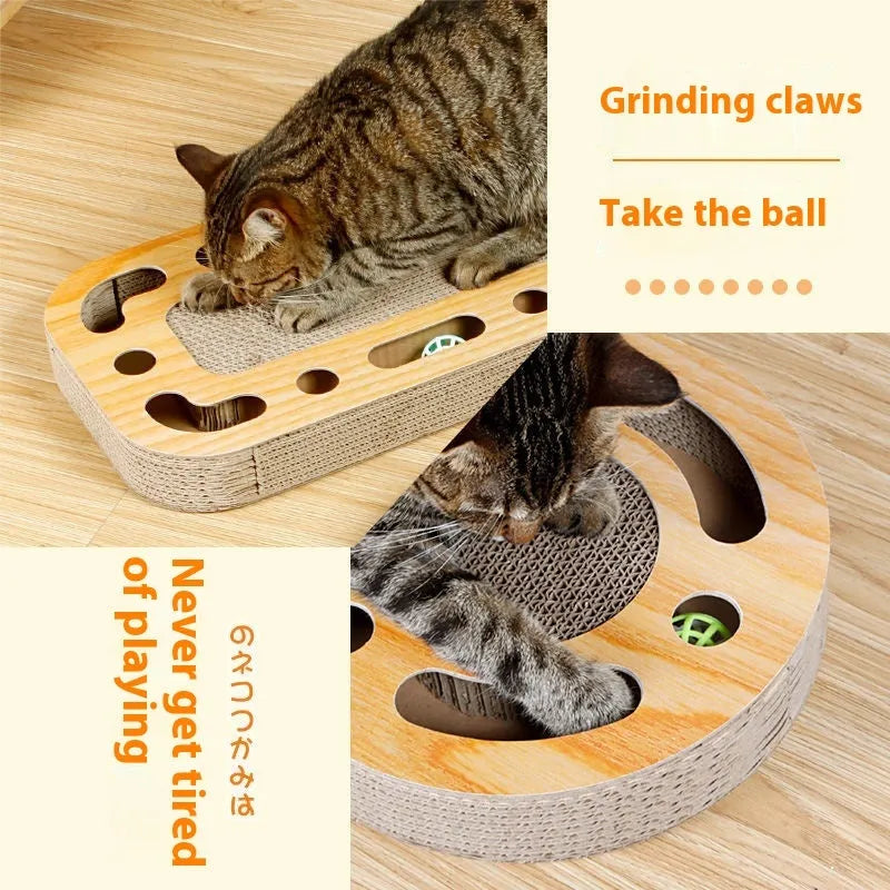 Corrugated paper cat scratch board with round ball toy for claw maintenance