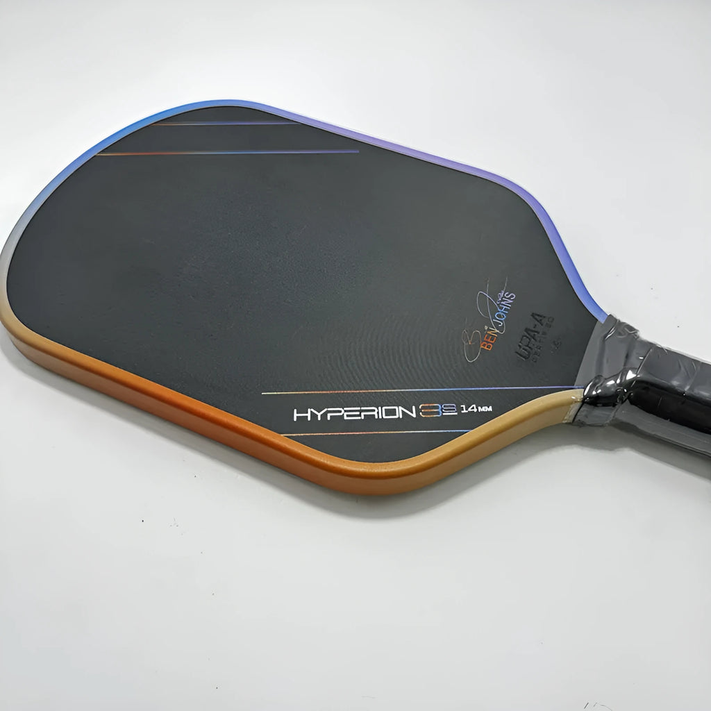 Aurora Multicolor Hyperion 3s pickleball racket with matte carbon fiber finish showing its dimensions.