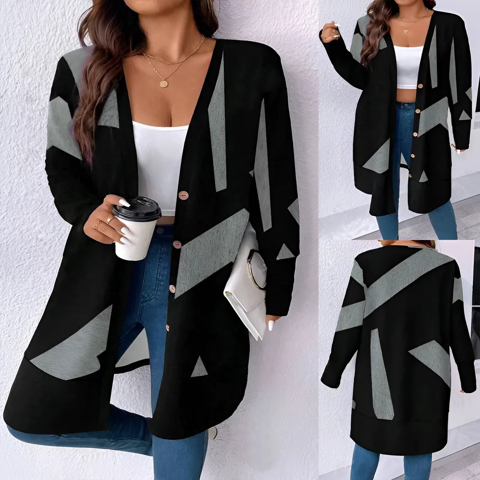 Black plus size cardigan coat with button detailing and Japanese Korean casual styling