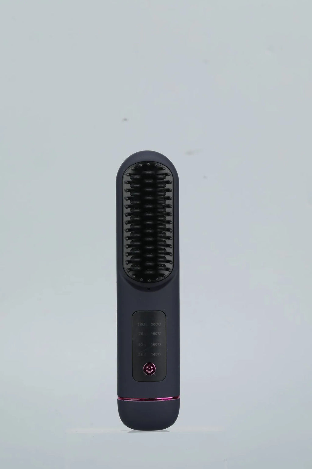 A portable negative ion straightening comb in blue, grey, or white, showing its teeth and compact 20cm design.