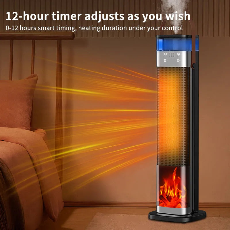 Tall, slim vertical heater with humidifier and remote control on a wooden floor.