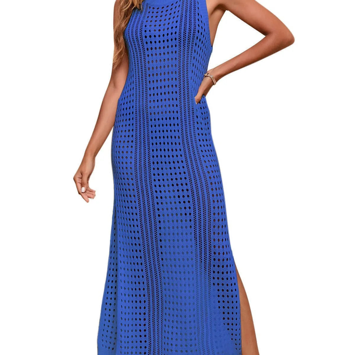Long loose knitted beach blouse for women in a solid colour with a hollow-out design.