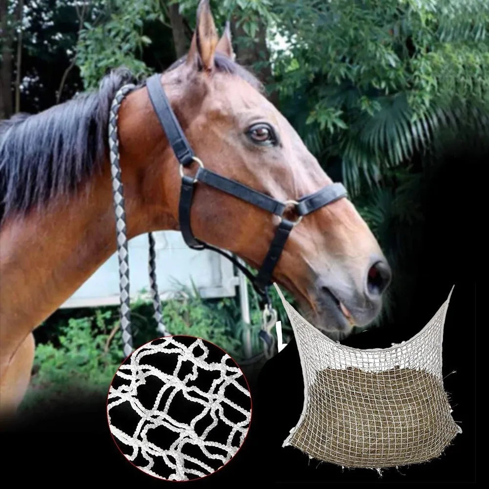 Woven grid horse feeding bag made from PE rope in black colour showing hanging design
