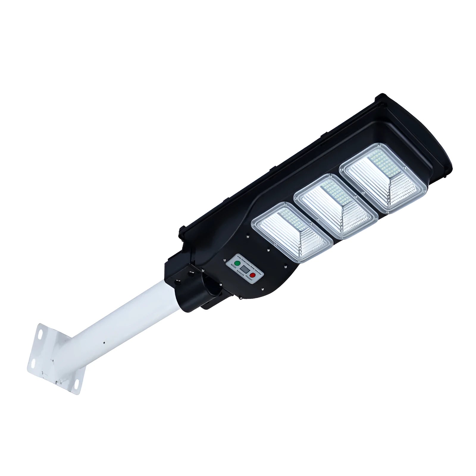Integrated solar street light with solar panel and LED light in single unit for outdoor areas