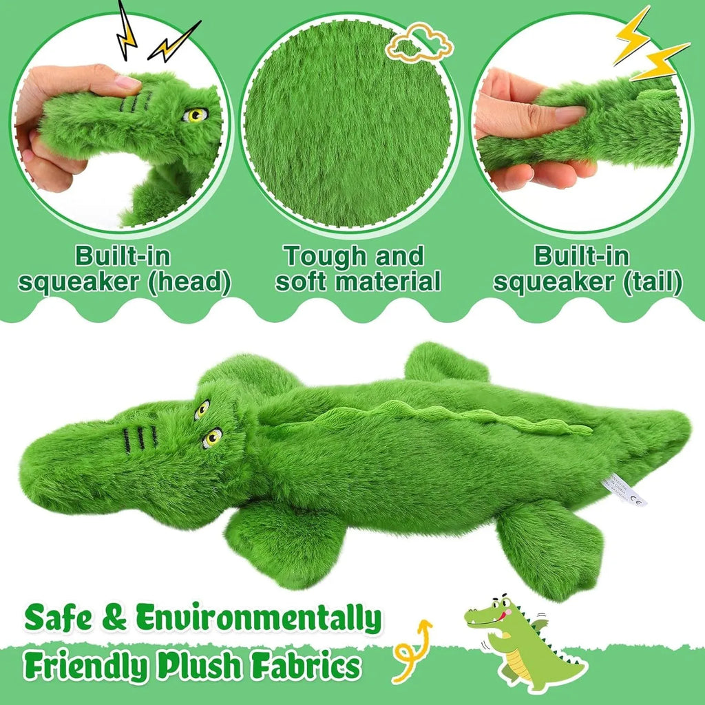 Dark green plush crocodile dog toy with squeaker for aggressive chewers measuring 20cm long