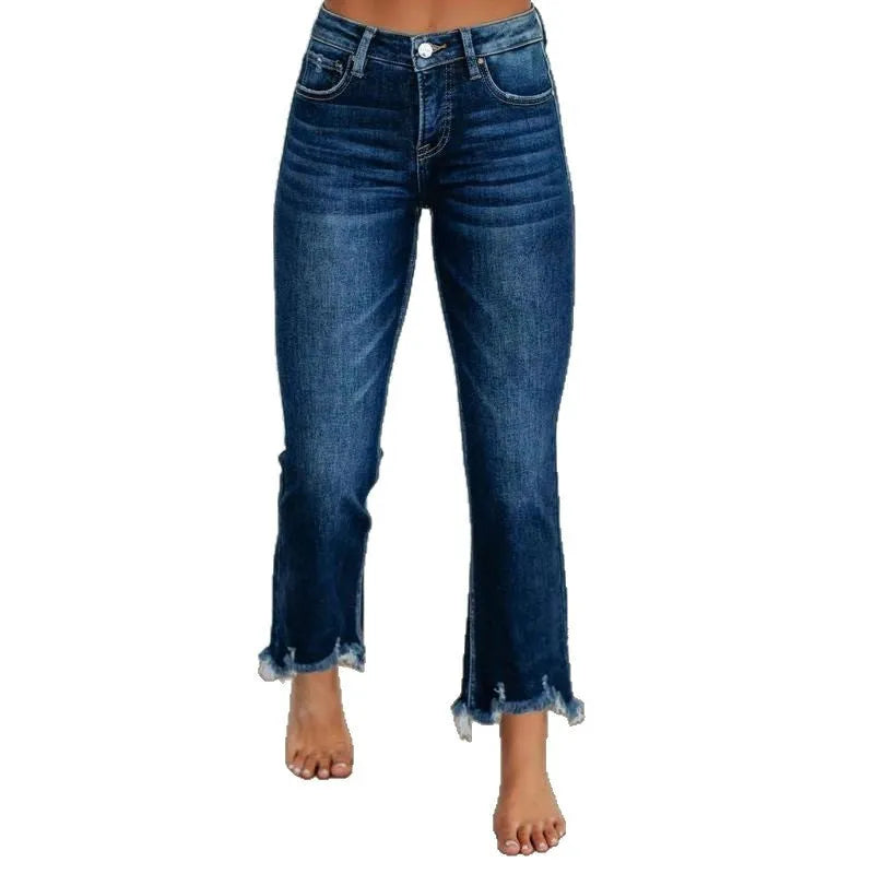 Women's solid colour denim jeans with a hand-worn finish in dark blue and light blue options.