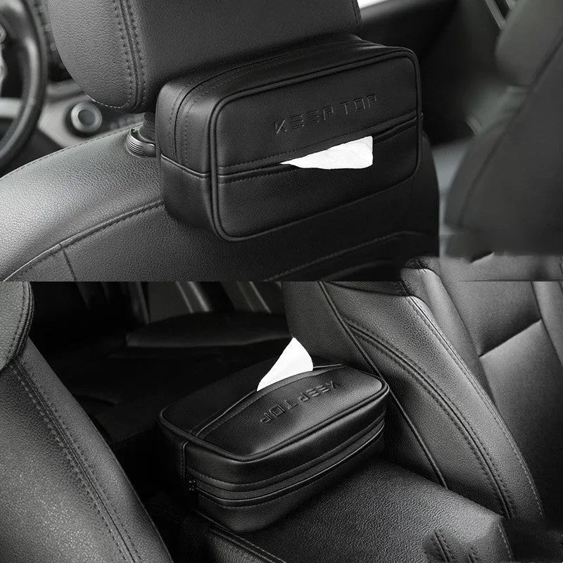Black PU leather hanging storage box for car console organisation, shown with paper bag filler.