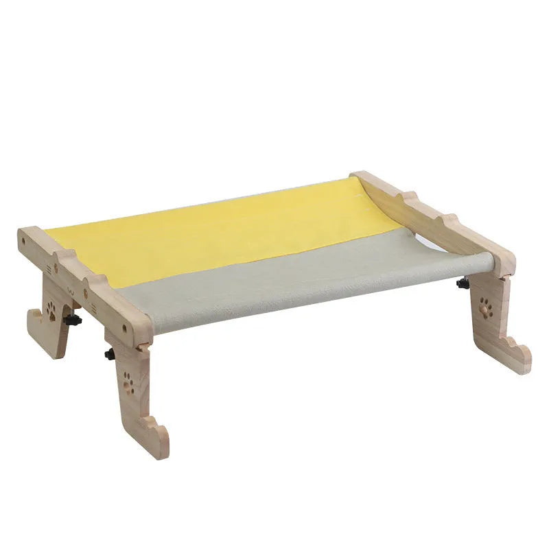 Wooden cat hanging bed hammock mounted on a balcony railing, one of seven available style variations.