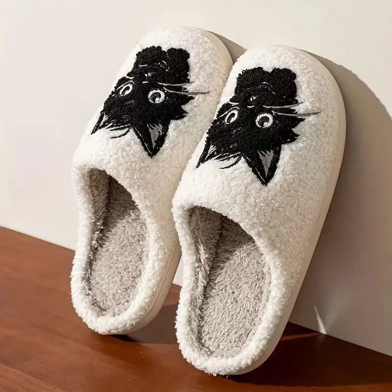 White cartoon black beard cat couple plush cotton slippers with non-slip TPR soles for indoor wear