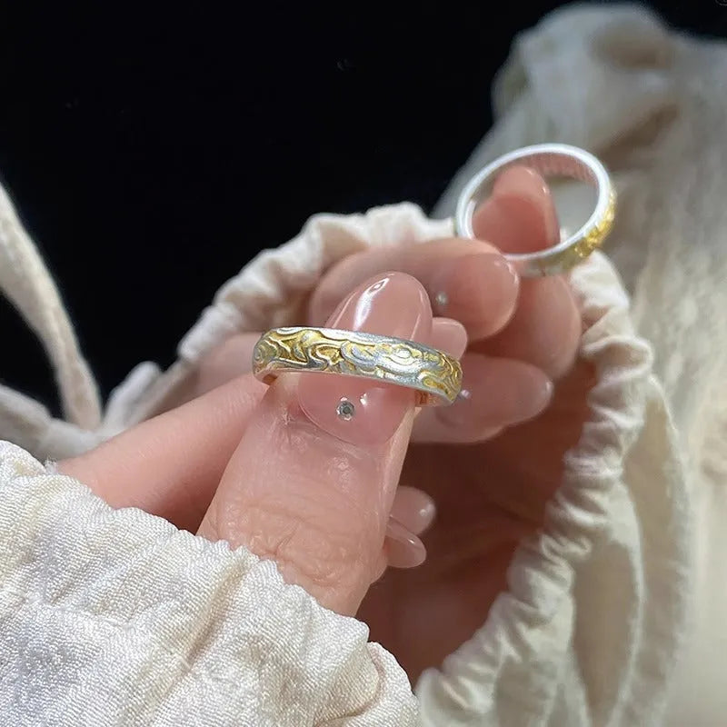 Open-mouth white copper ring with Xiangyun pattern featuring electroplated silver and gold geometric design
