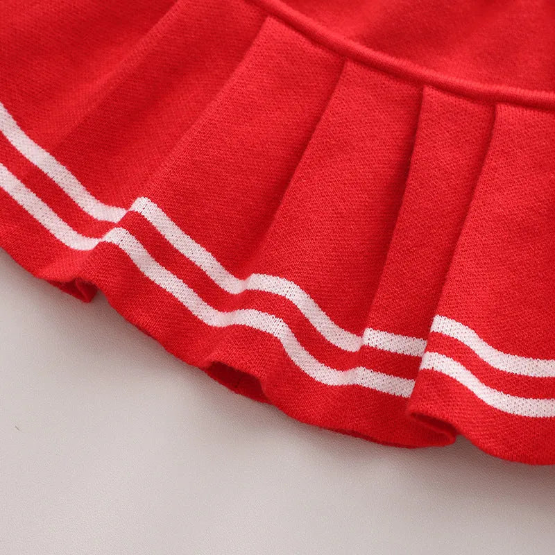 Knitted two-piece baby girl skirt suit with long-sleeve bow top and skirt in red, black or pink, sizes 80cm to 130cm