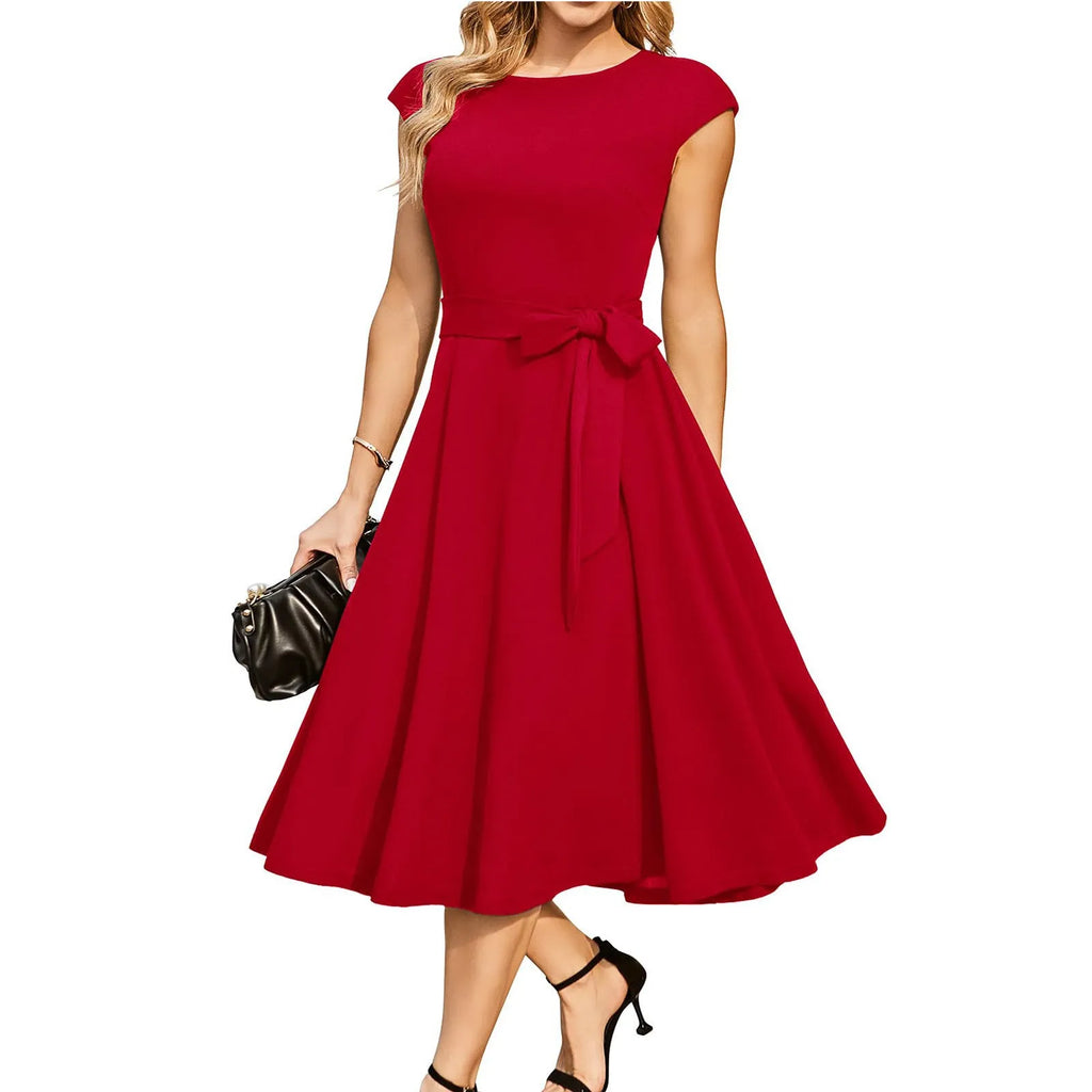 Sleeveless lace-up waist party dress with oversized swing skirt in polyester fabric