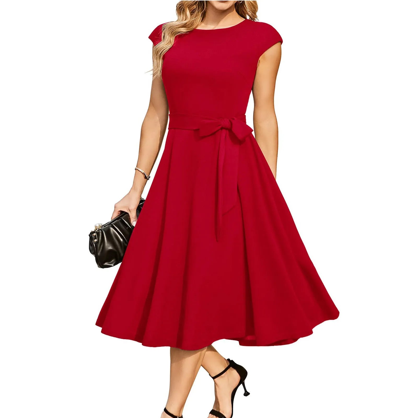 Sleeveless lace-up waist party dress with oversized swing skirt in polyester fabric