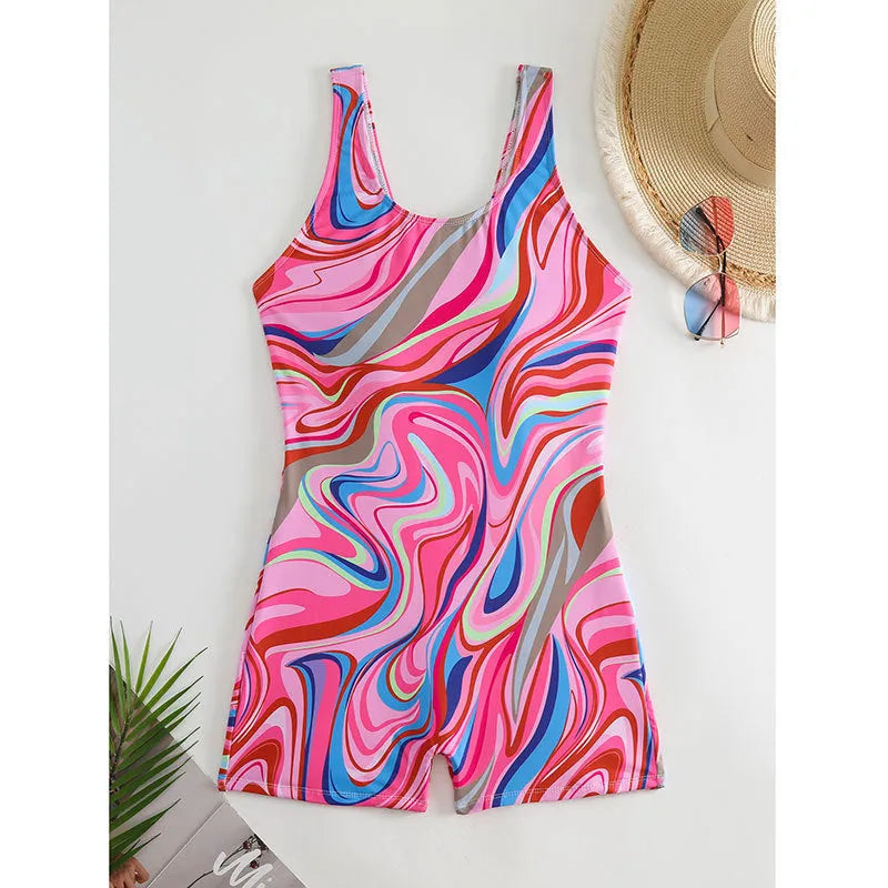 Women's printed high-waist backless one-piece swimsuit in polyester fabric