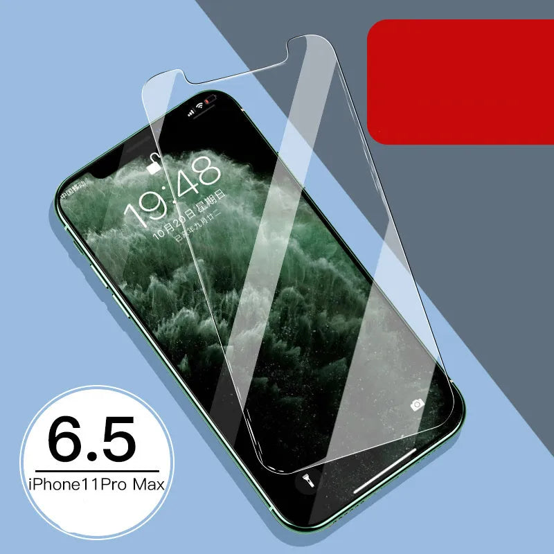 Apple iPhone tempered glass screen protector film for front and rear protection.