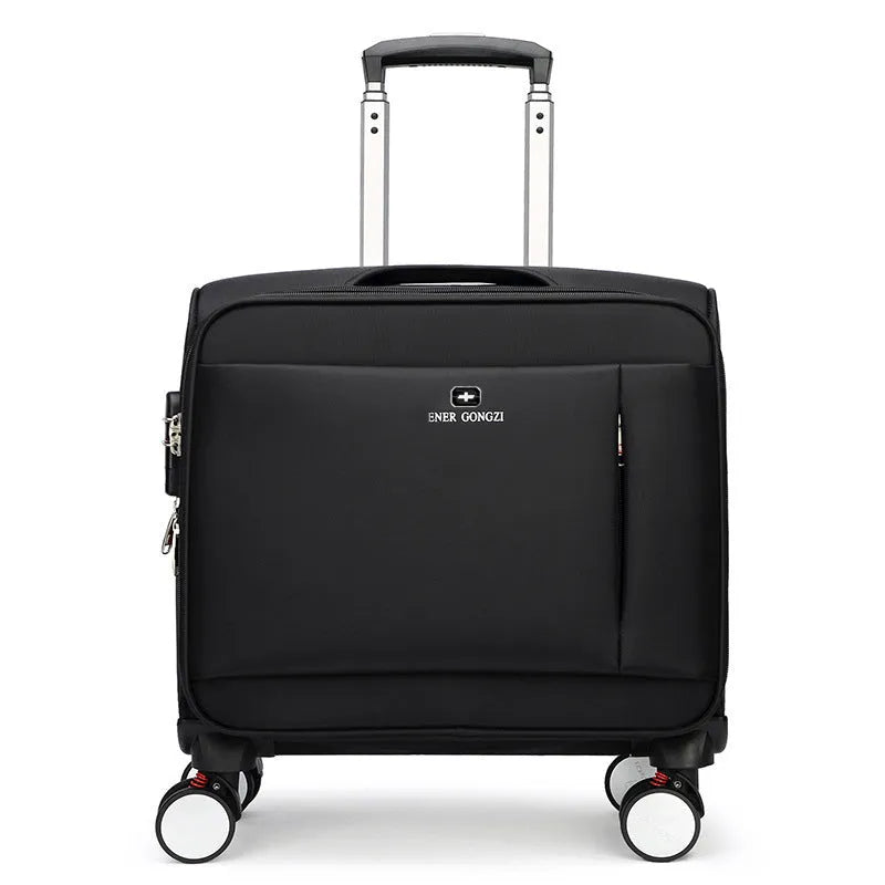Black 18-inch Oxford cloth cabin suitcase with telescopic handle and universal wheels.