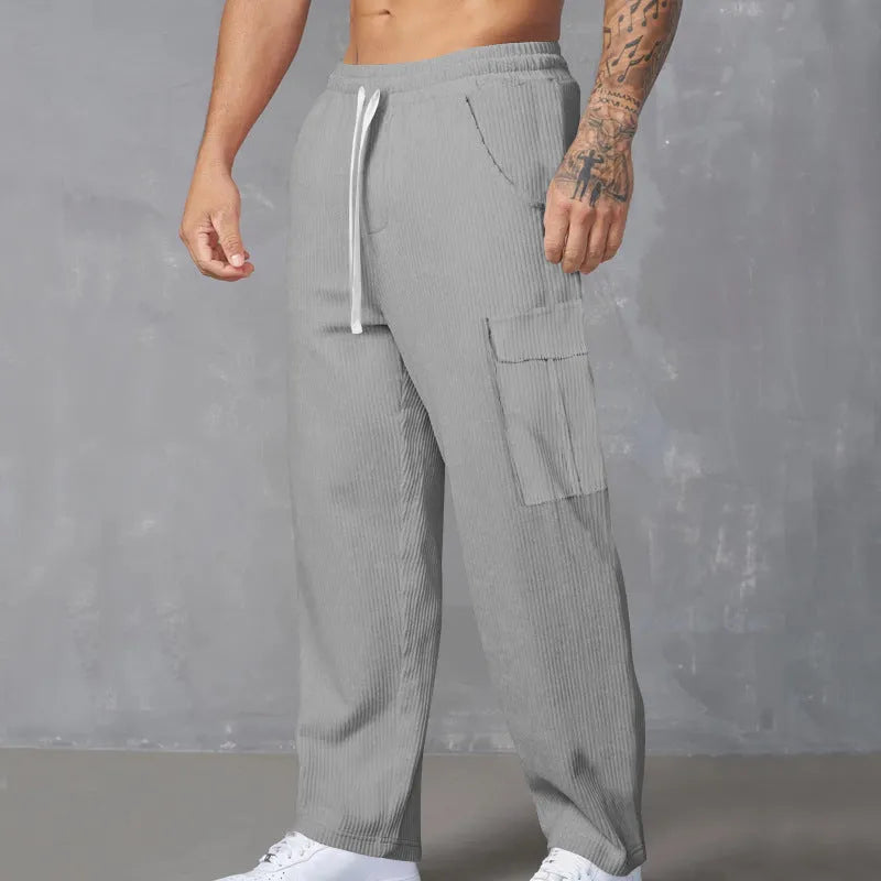 Men's corduroy cargo trousers in wide-leg straight cut with drawstring waist autumn casual pants
