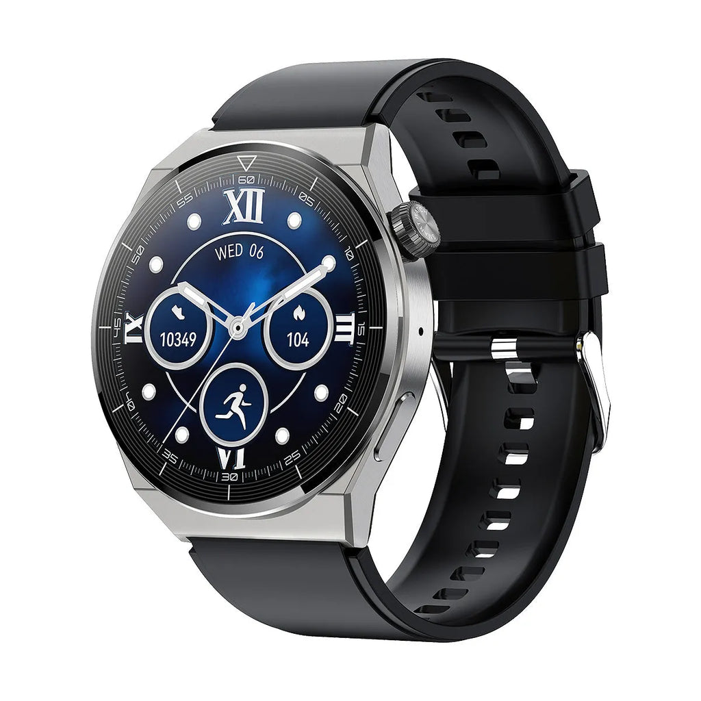 Round dial smart watch with black silicone band on wrist, displaying time and NFC/Bluetooth icons.