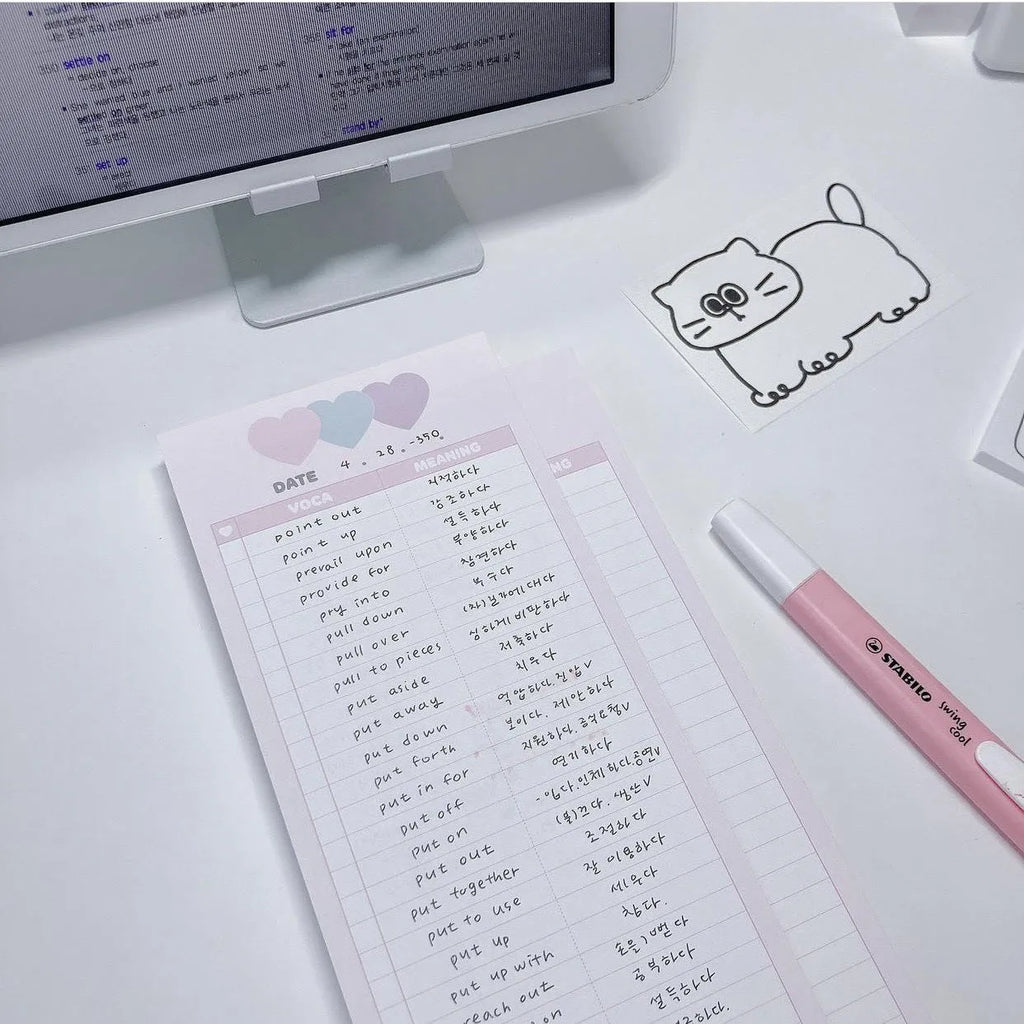 English words notepad with double-sided printing, half B5 size 9.1x25.7cm with pink cover