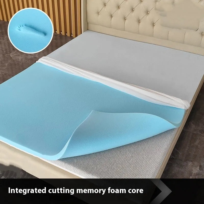Thin gel memory cotton tatami mattress showing slow rebound texture on a wooden floor.