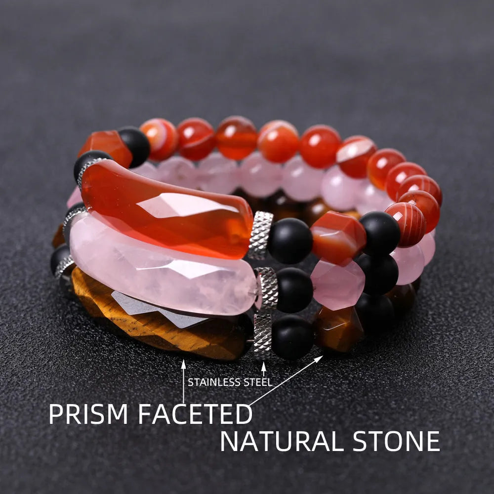 Handmade diamond cut geometric agate bracelet showing eight colour options including black and striped red