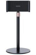 Black lifting metal tablet bracket with telescopic arm extended, holding an 11-inch tablet on a desk.