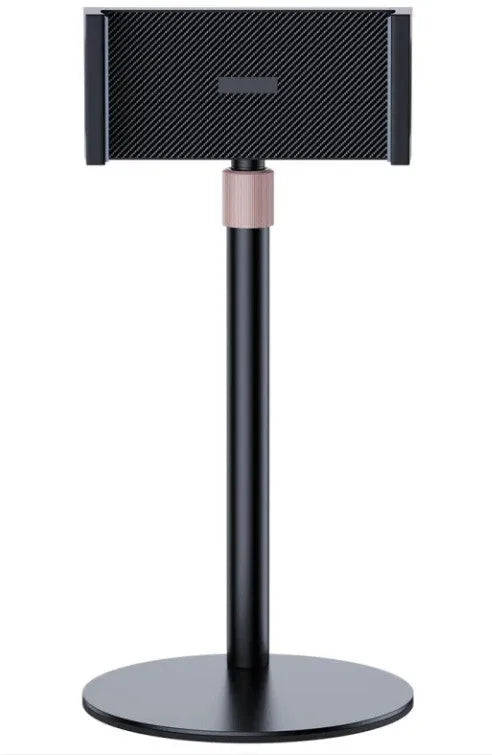 Black lifting metal tablet bracket with telescopic arm extended, holding an 11-inch tablet on a desk.