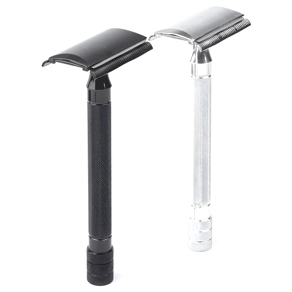 Manual shaving razor set with metal scraper and brush in black or silver finish for traditional wet shaving