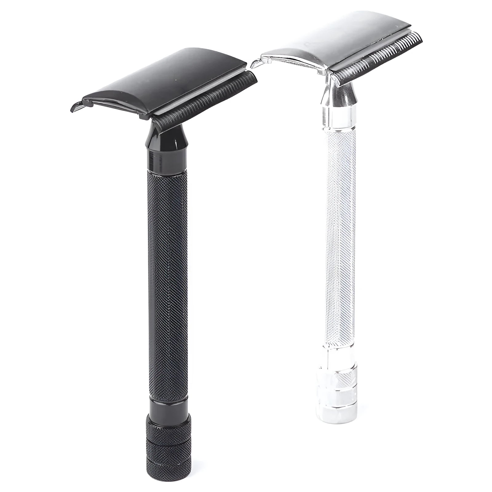 Manual shaving razor set with metal scraper and brush in black or silver finish for traditional wet shaving
