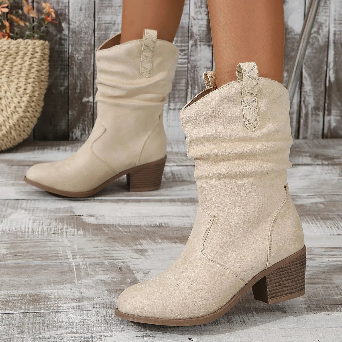 Plus size suede mid-calf boots with a short stout heel in Lotus Root colour.