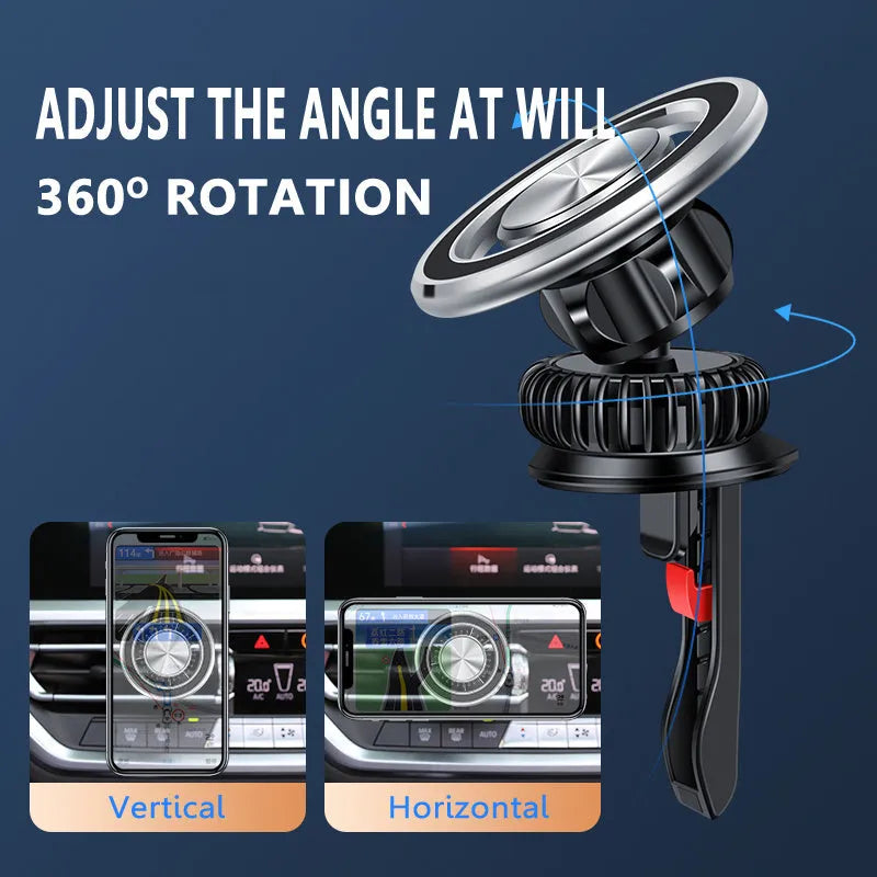 Silver and black magnetic car air vent phone holder with snap-on clip