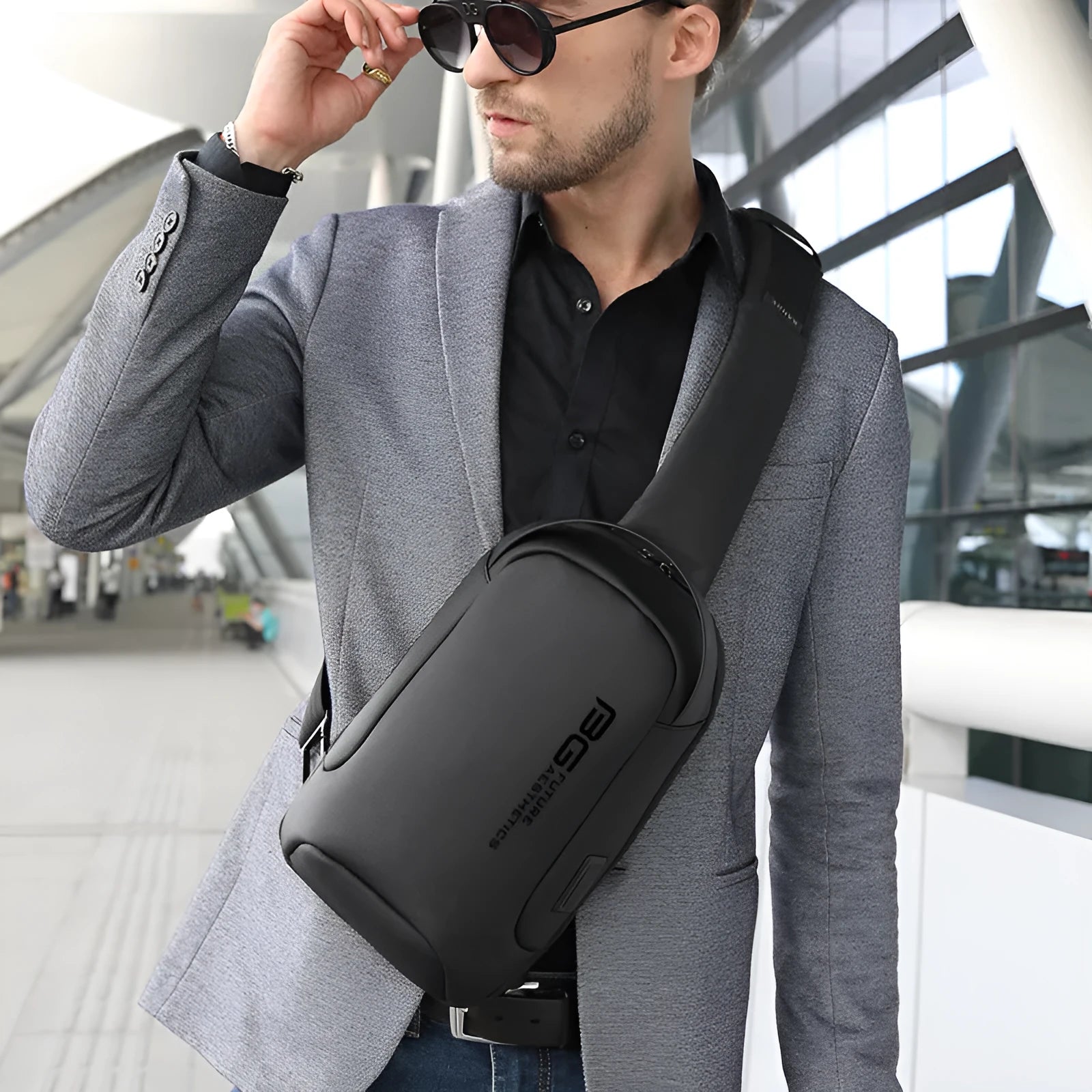 Men's black Oxford cloth business shoulder bag with USB charging port and multiple compartments