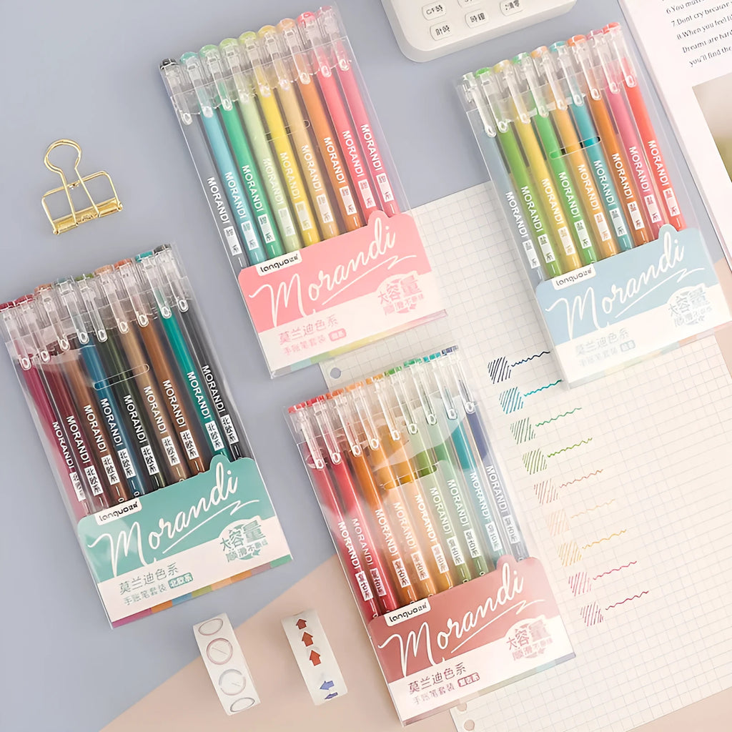 Set of nine retro-style solid-colour gel pens with 0.5mm needle tips for student notes.