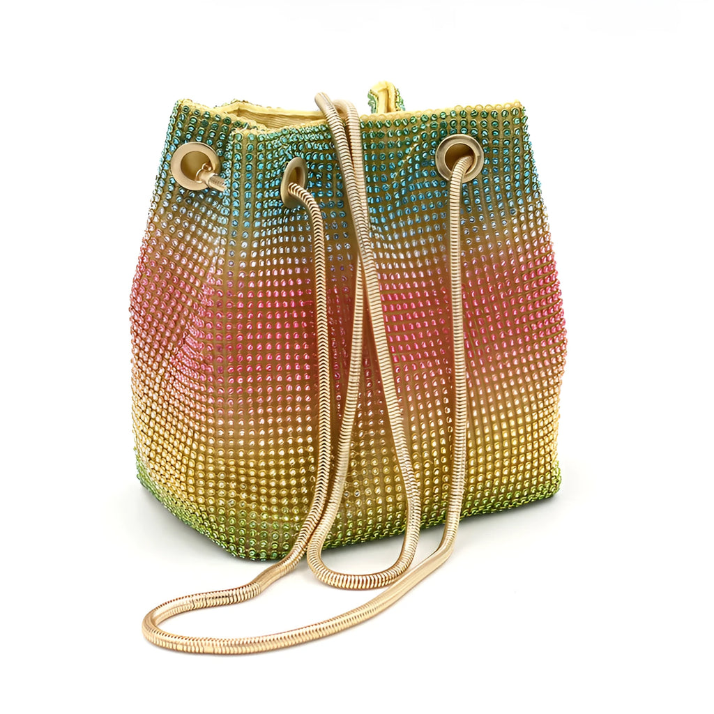 Soft multicolour rhinestone bucket bag with drawstring closure for evening wear.