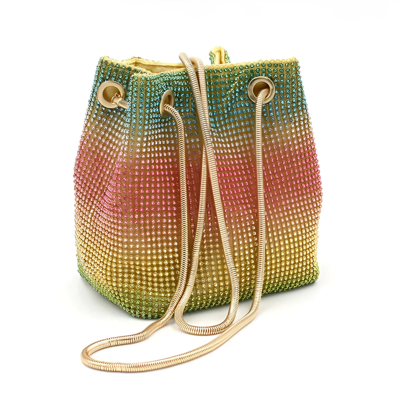 Soft multicolour rhinestone bucket bag with drawstring closure for evening wear.