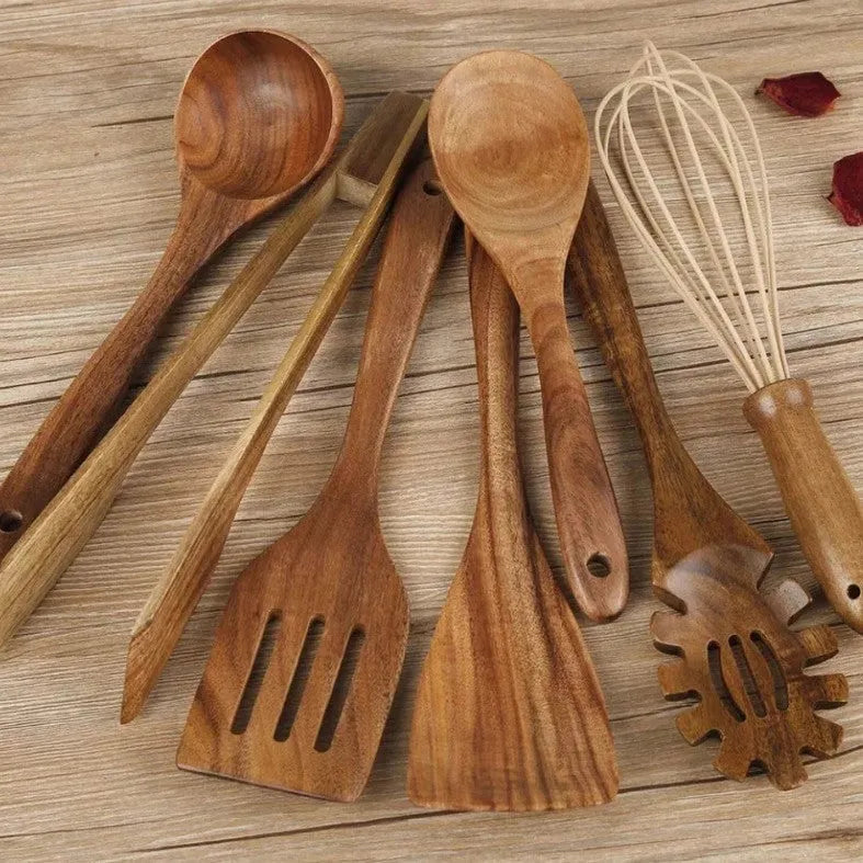 Wooden cooking utensils set of 7 pieces including spoon and spatula designs for non-stick pans