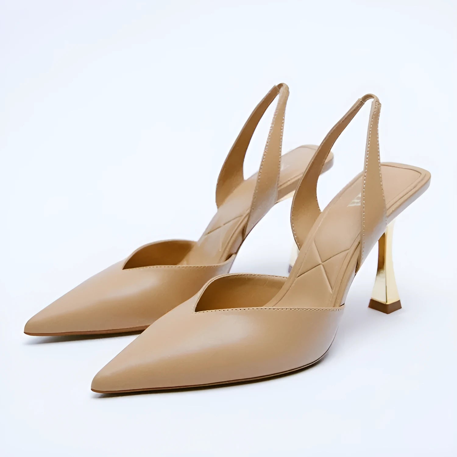Women's pointed toe high heels in patent leather, shown in apricot and black colours.