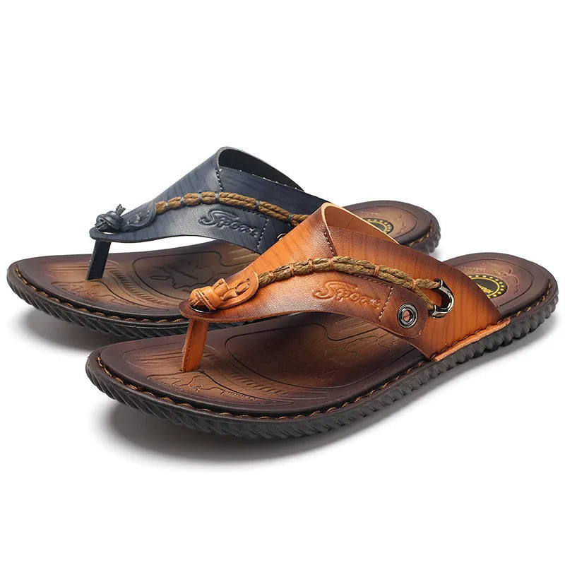Men's dark blue herringbone pattern outdoor slippers with leather lining and rubber sole, shown in a large size