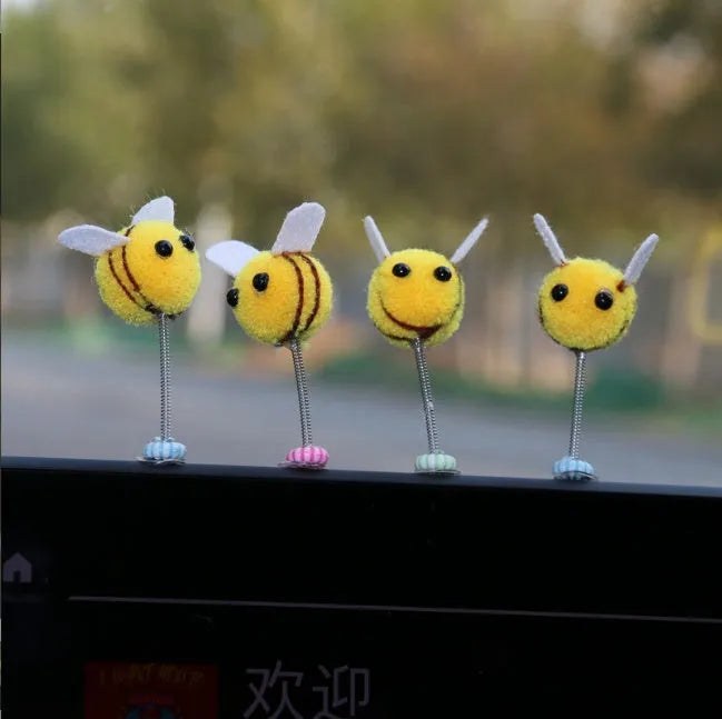 Cartoon bee car decoration with fur ball material and swing spring, 3cm size