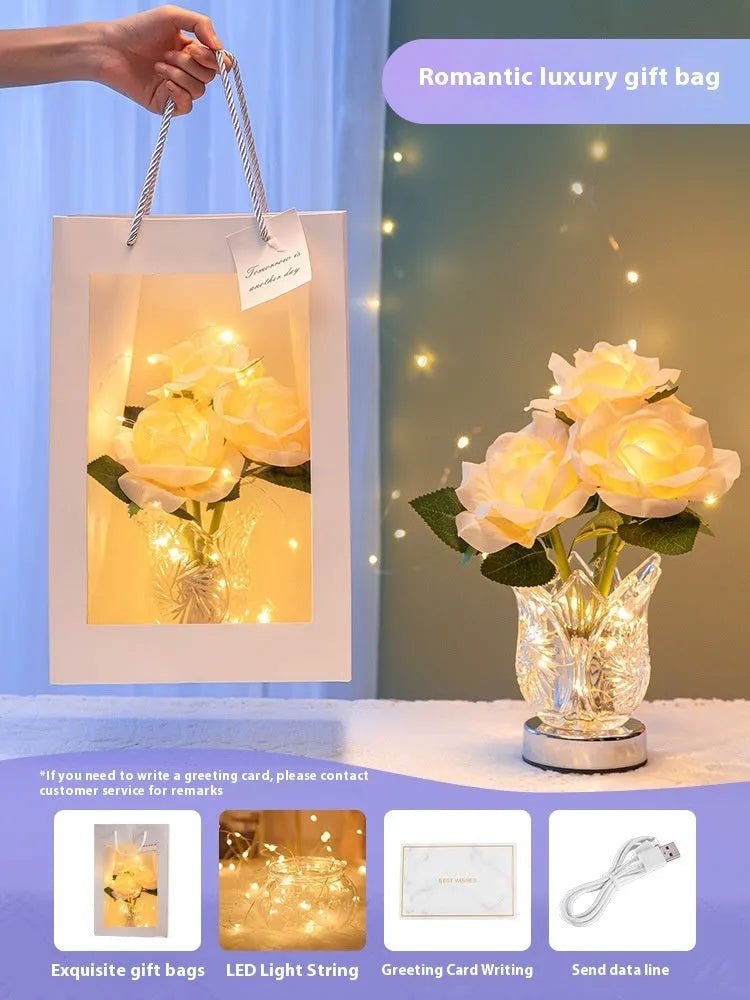Modern Crystal Flowers rechargeable touch-control dimmable bedside table lamp with USB cable.
