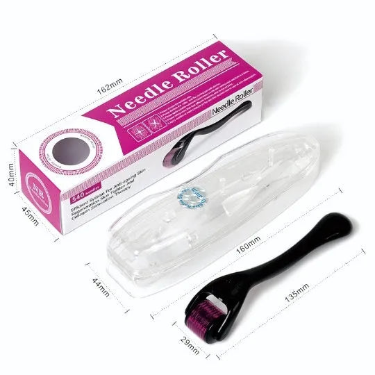 Black and purple derma roller with titanium microneedles showing six needle size options from 0.2mm to 1.0mm