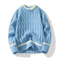 Men's loose grey and blue sports pullover sweater set on a hanger