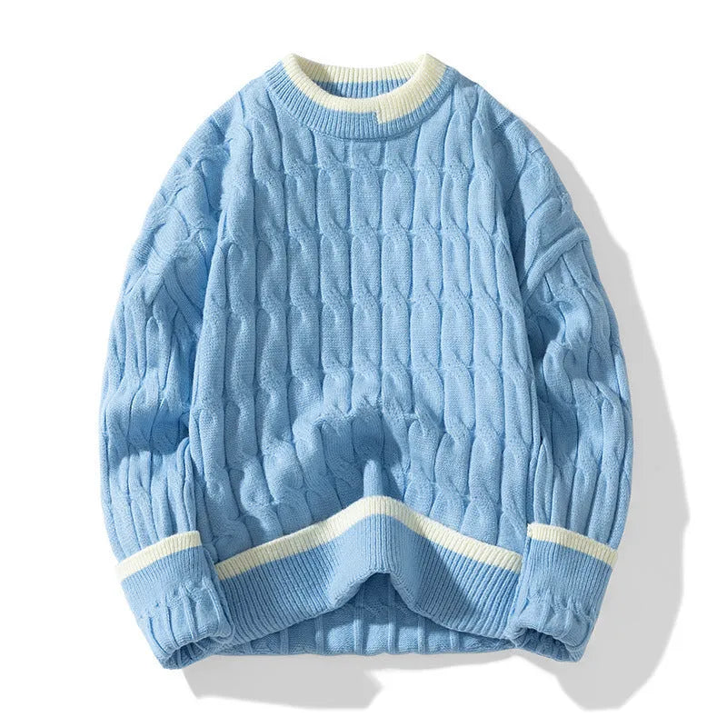 Men's loose grey and blue sports pullover sweater set on a hanger