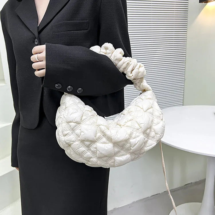 Women's casual nylon underarm shoulder bag in beige with adjustable strap, showing 35cm width