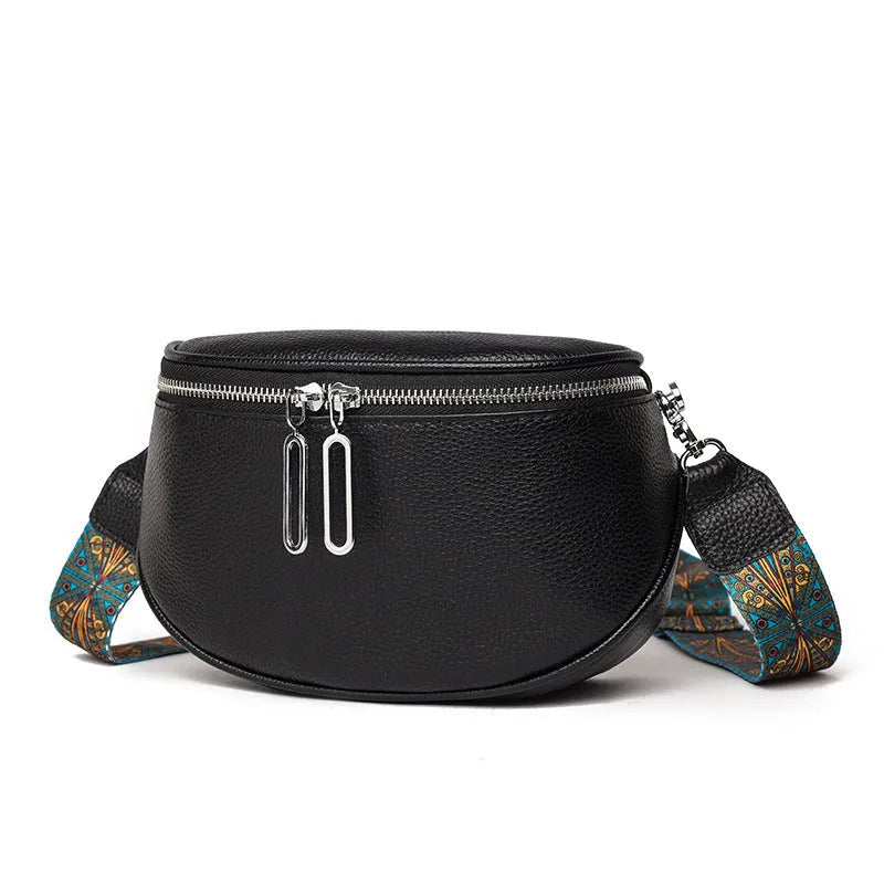 Women's soft PU leather messenger bag in saddle shape with single strap and zipper pocket