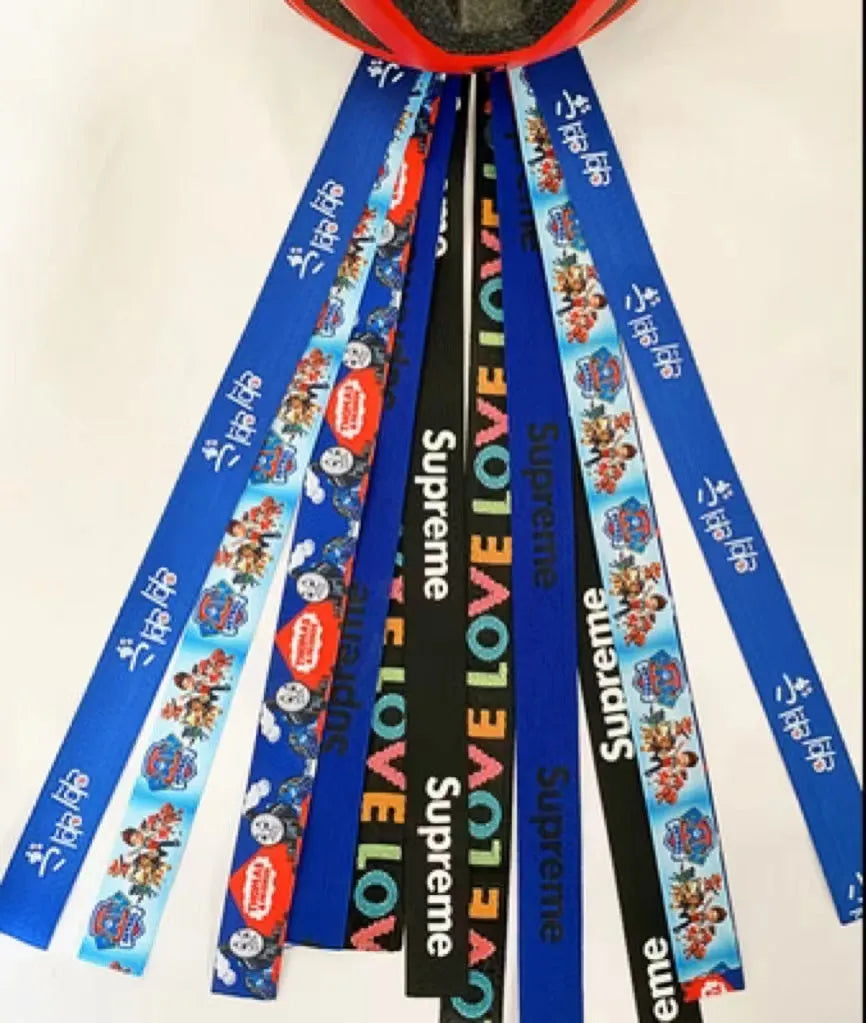 Decorative ribbon streamer for a child's ski or skating helmet in various colour options.