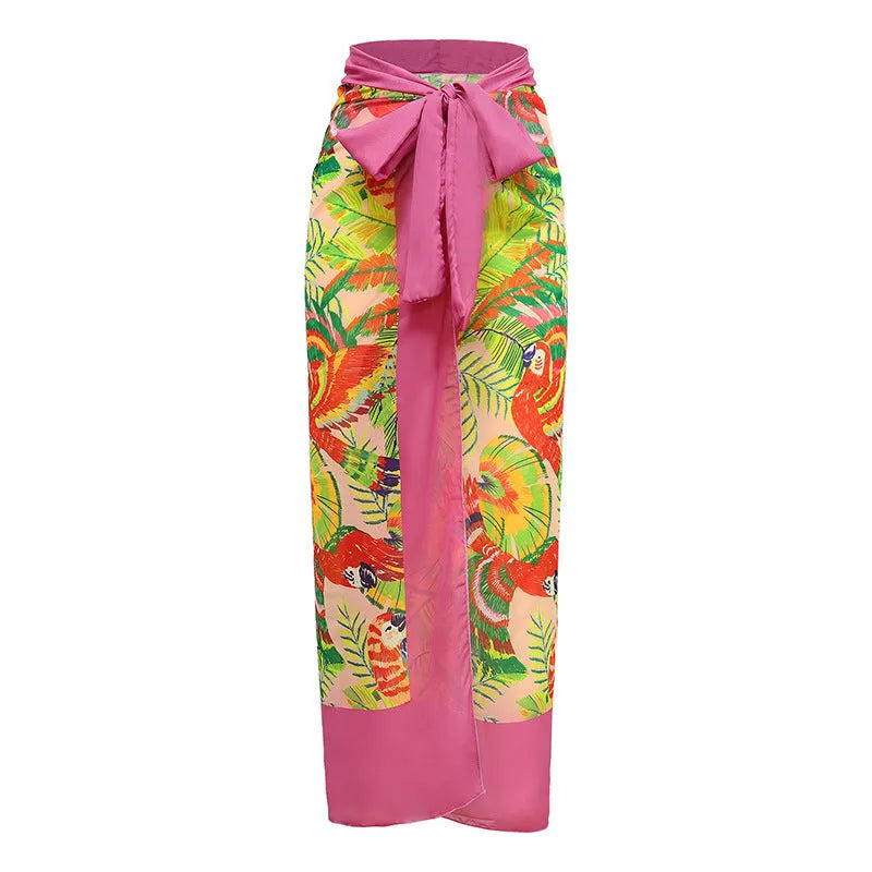 Women's pink floral print retro swimsuit with V-neck and matching skirt