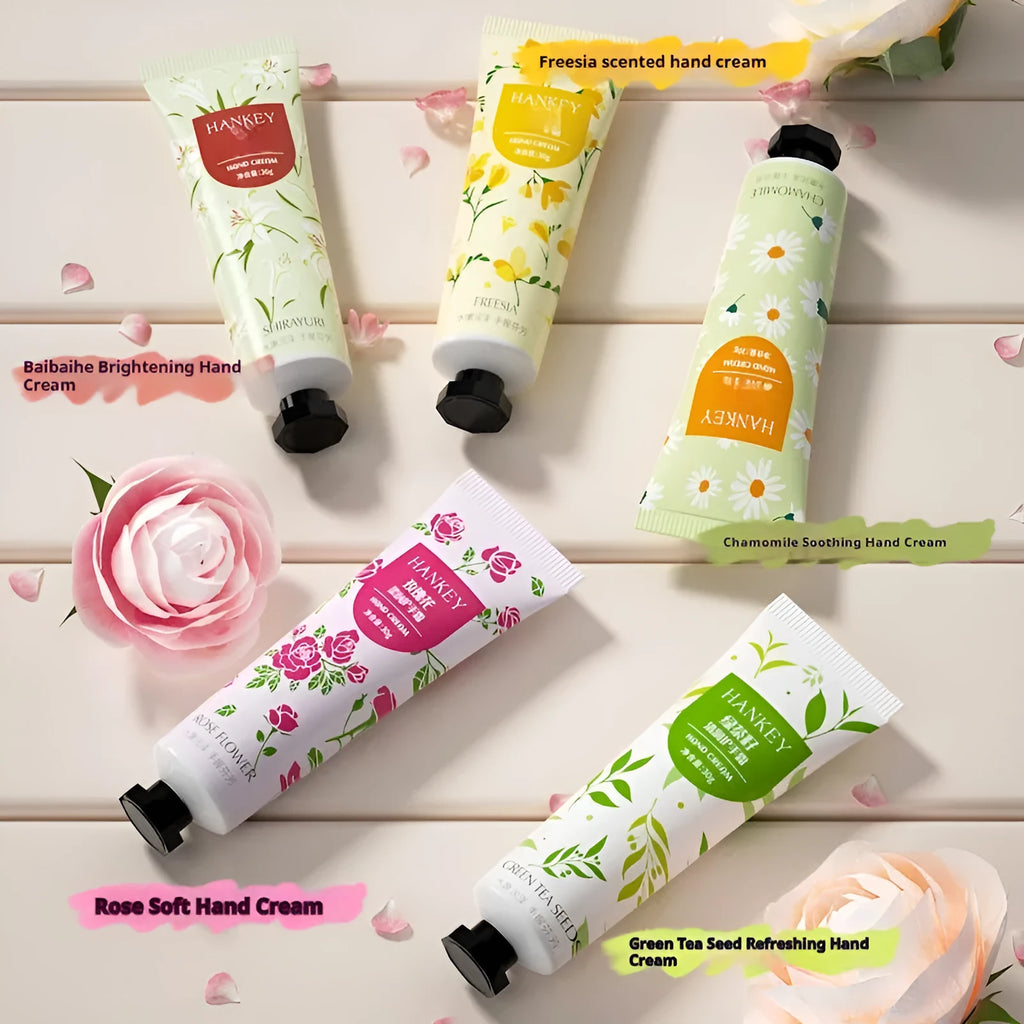30g tube of fruit-infused hand cream for dry skin, available in Avocado, Rose, and Green Tea Seed variants.